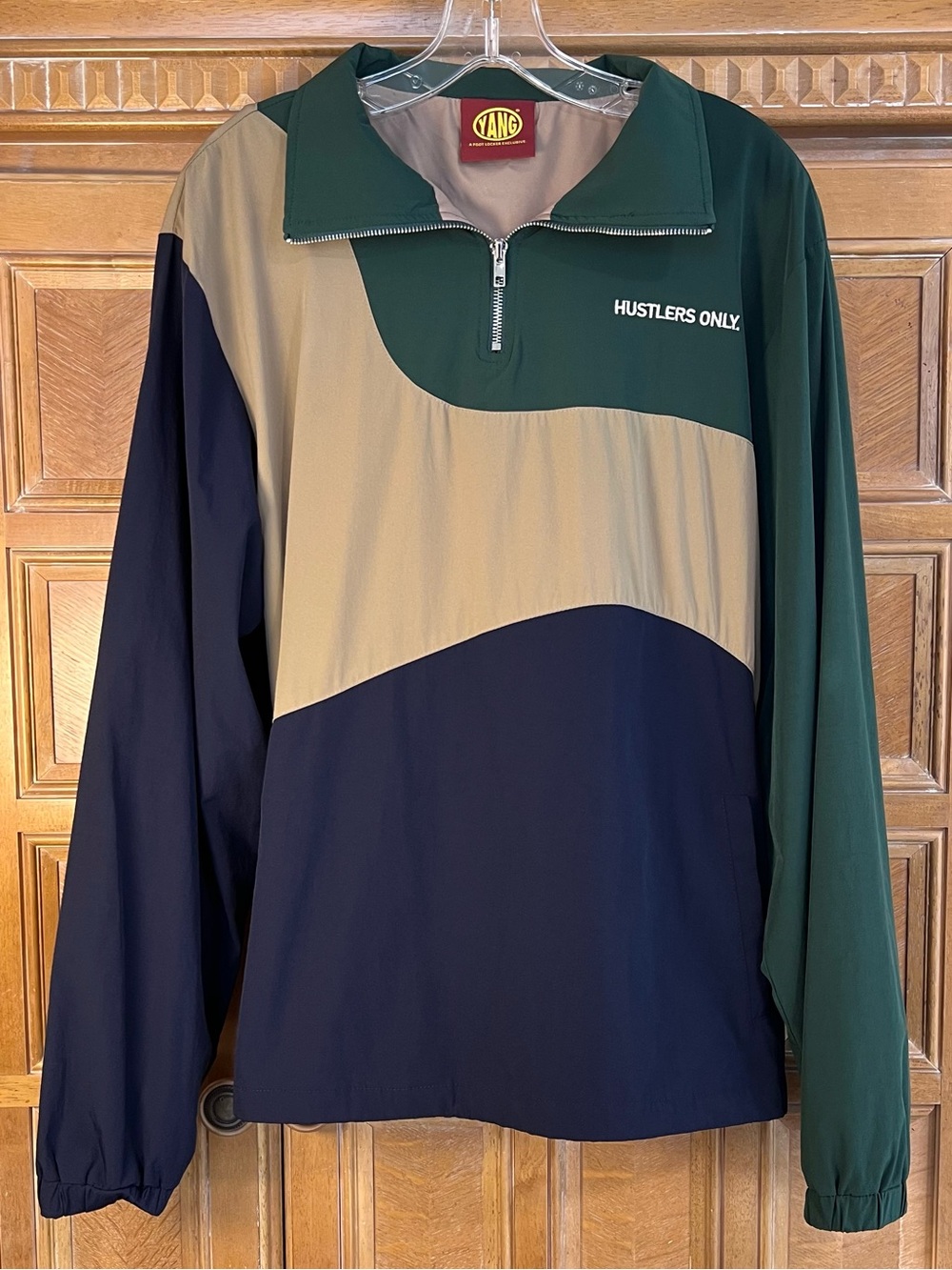 YANG Hustlers Only Colorblock Quarter Zip Windbreaker Pullover Jacket L  Khaki